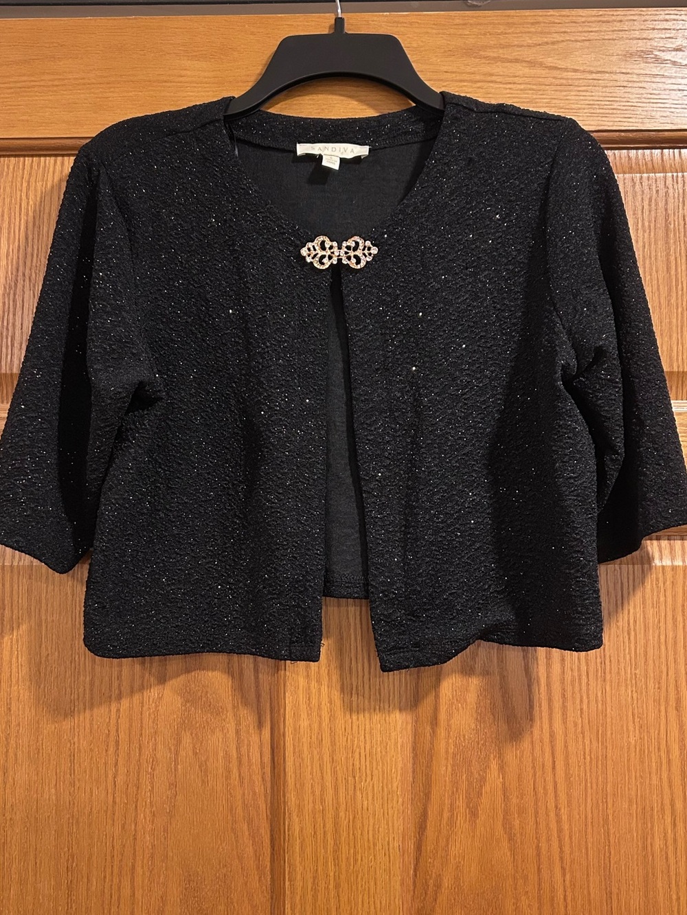 Sandiva Black Glitter Evening Shrug Jacket with Jewel Brooch Clasp Size Small